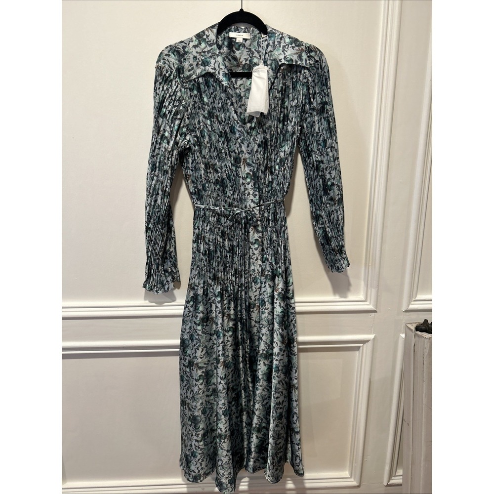 Vince Size Medium Green Berry Blooms Pleated Midi Shirt Dress Long Sleeve NWT